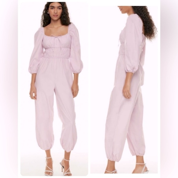 Wilfred Pants - NWT Aritzia Wilfred Waters Poplin Jumpsuit Romper Smocked in Cloudy Lilac Medium